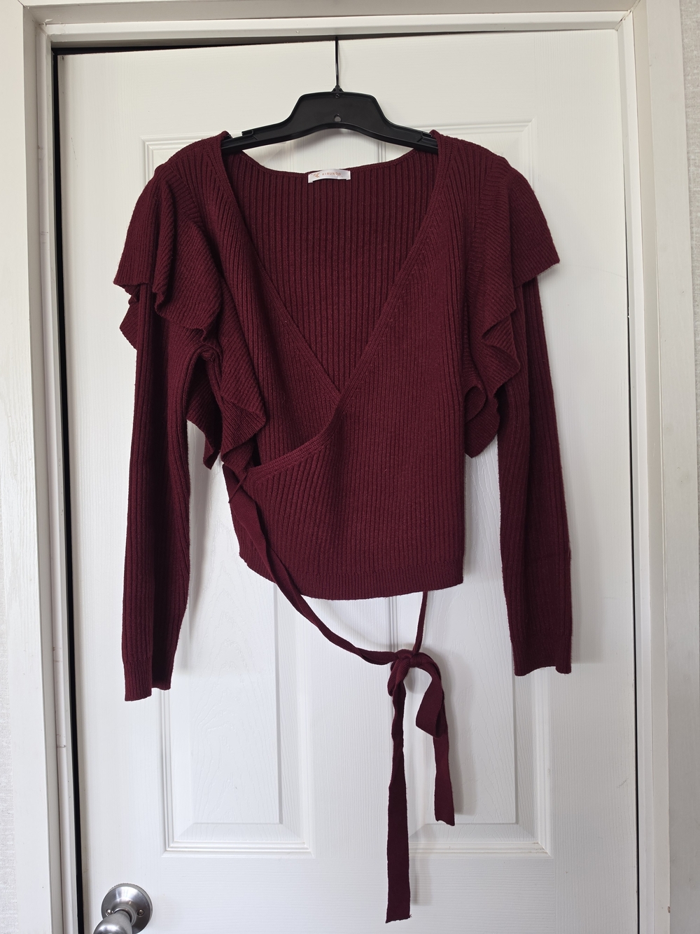 Ruffle Sleeve Wrap Sweater - Burgundy